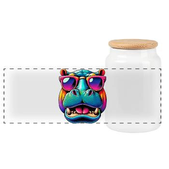 Hippopotamus with Sunglasses - Panoramic Cookie Jar with Wooden Lid - white - Front