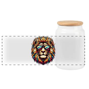 Lion with Sunglasses - Panoramic Cookie Jar with Wooden Lid - white - Front