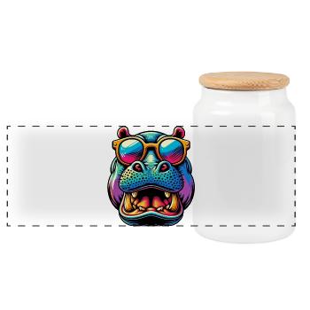 Hippopotamus with Sunglasses - Panoramic Cookie Jar with Wooden Lid - white - Front