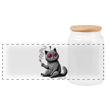 Kiffy Cat // The Confused Cat with Joint - Panoramic Cookie Jar with Wooden Lid - white - Front