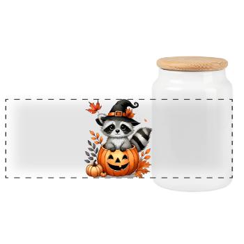 Halloween raccoon in pumpkin: Sweet scary fun - Panoramic Cookie Jar with Wooden Lid - white - Front
