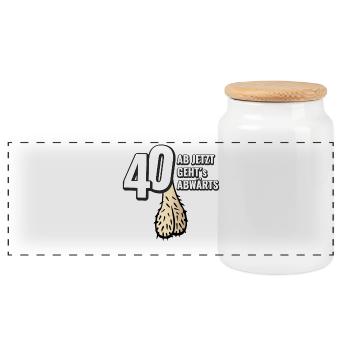 40 ab jetzt gehts abwärts - Geburtstag Geschenk - Panorama Keksdose mit Holzdeckel - Weiß - Vorne