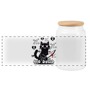 "Cute and Nasty Black Cat - Hearts and Knife" - Panoramic Cookie Jar with Wooden Lid - white - Front