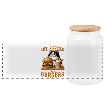 La vie est meilleure avec les Burgers - fat cat - Boîte à biscuits avec couvercle en bois - blanc - Devant