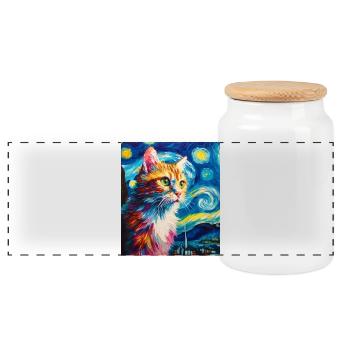 Cat - Panoramic Cookie Jar with Wooden Lid - white - Front