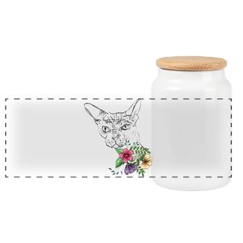 Katze mit Blumen - Panorama Keksdose mit Holzdeckel - Weiß - Vorne