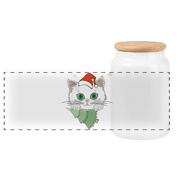 Katze mit Weihnachtsbaum - Panorama Keksdose mit Holzdeckel - Weiß - Vorne