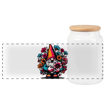 Gnome with Flowers - Panoramic Cookie Jar with Wooden Lid - white - Front