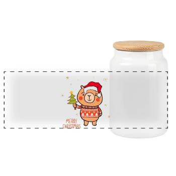 Merry Christmas Teddy - Panorama Keksdose mit Holzdeckel - Weiß - Vorne