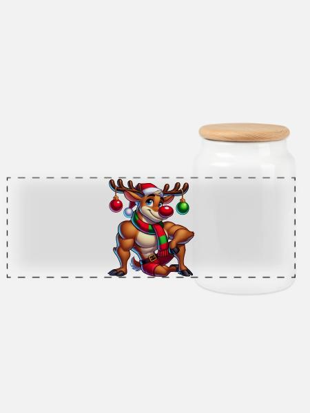 Christmas Reindeer Rudolf - Panoramic Cookie Jar with Wooden Lid - white