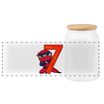 7th Birthday Motif Ninja - 7 years old - Panoramic Cookie Jar with Wooden Lid - white - Front