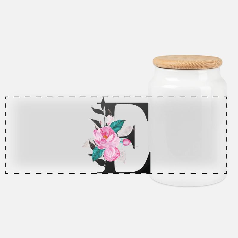Elégante lettre 'E' avec des fleurs - Boîte à biscuits avec couvercle en bois - blanc