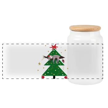 Paresseux dans le sapin de Noël, Joyeux Noël - Boîte à biscuits avec couvercle en bois - blanc - Devant