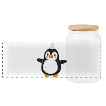 Happy Penguin with Party Hat - Cartoon Design - Panoramic Cookie Jar with Wooden Lid - white - Front