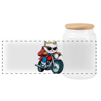 Cats Motorcyclists / Motorcycle Cat - Panoramic Cookie Jar with Wooden Lid - white - Front