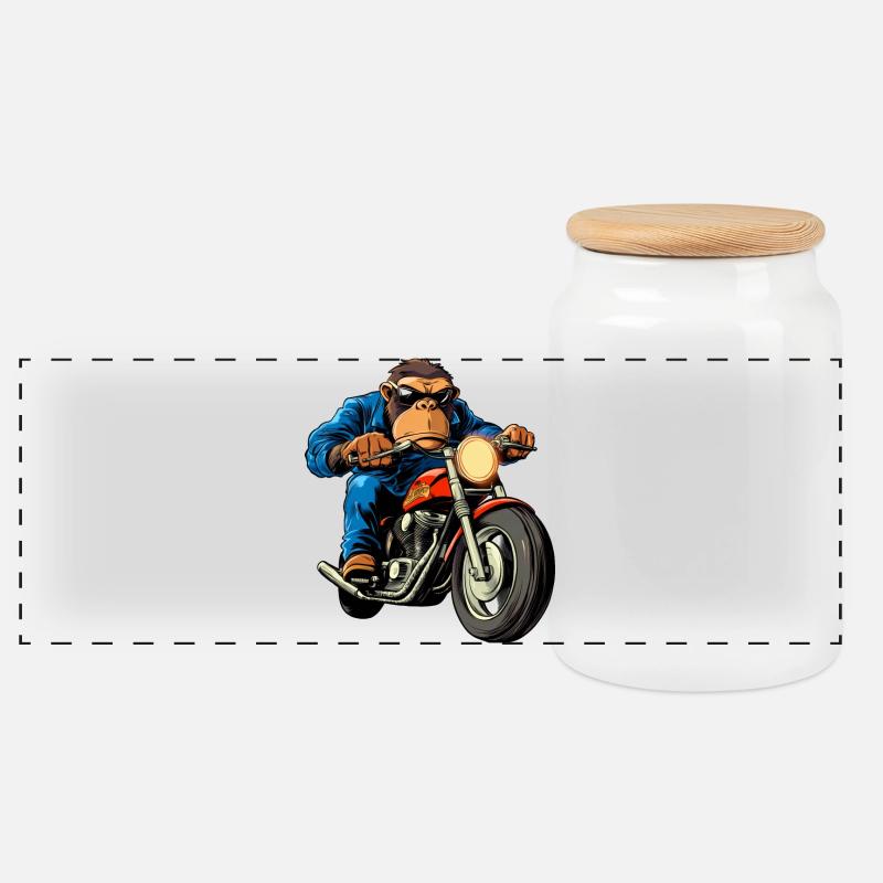 Motorradfahrer Affe - Panorama Keksdose mit Holzdeckel - Weiß
