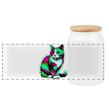 Cat - Panoramic Cookie Jar with Wooden Lid - white - Front