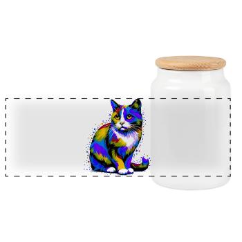Cat - Panoramic Cookie Jar with Wooden Lid - white - Front