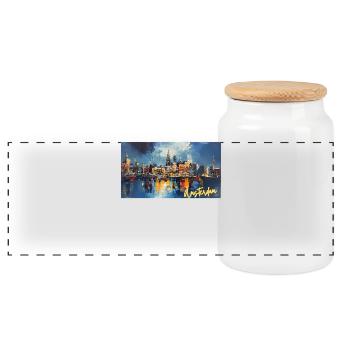 Amsterdam Blue Night Skyline Abstract - Panoramic Cookie Jar with Wooden Lid - white - Front