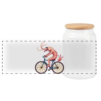 Shrimp Cyclist on Bike - Panoramic Cookie Jar with Wooden Lid - white - Front