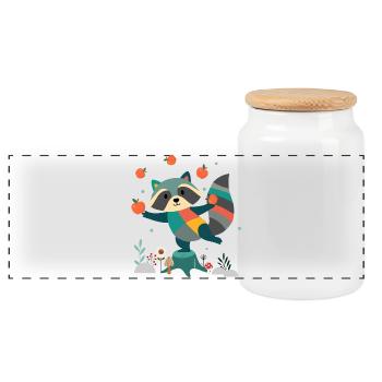 Playful raccoon happily juggling apples - Panoramic Cookie Jar with Wooden Lid - white - Front