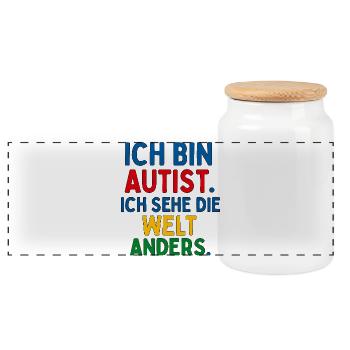 Ich bin Autist Ich sehe die Welt anders Spruch - Panorama Keksdose mit Holzdeckel - Weiß - Vorne