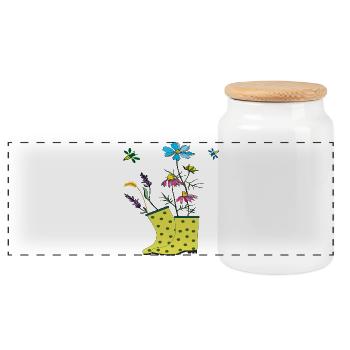 Garden boots with flowers and herbs - Panoramic Cookie Jar with Wooden Lid - white - Front
