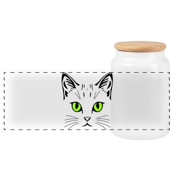 Cat motif – colour and eyes can be personalised - Panoramic Cookie Jar with Wooden Lid - white - Front