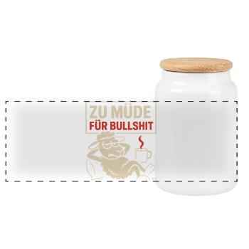 ZU MÜDE FÜR BULLSHIT – Statementshirt mit Schaf - Panorama Keksdose mit Holzdeckel - Weiß - Vorne