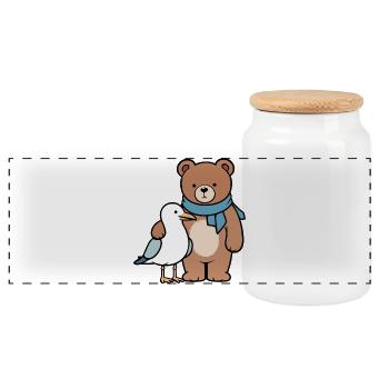 Cute Bear and Bird Design - Panoramic Cookie Jar with Wooden Lid - white - Front