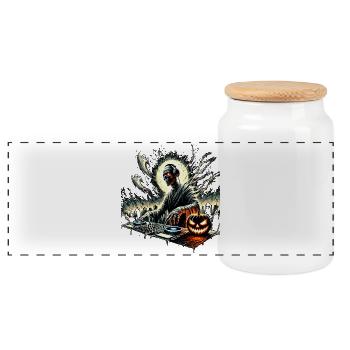 Halloween DJ Skull with Pumpkin - Panoramic Cookie Jar with Wooden Lid - white - Front