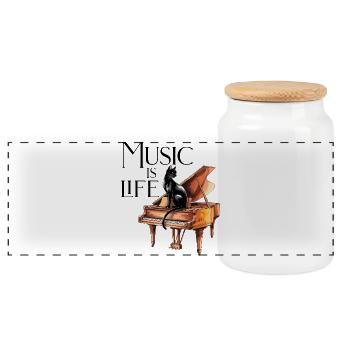 Music is Life - Black Cat pianiste au piano - Boîte à biscuits avec couvercle en bois - blanc - Devant