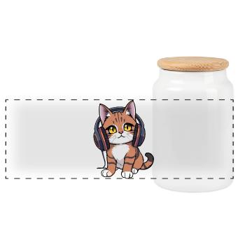 Chat avec des écouteurs - Boîte à biscuits avec couvercle en bois - blanc - Devant