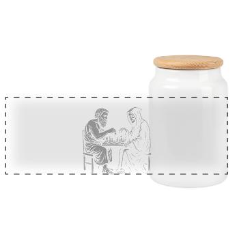 Plato and Grim Reaper play Chess Illustration - Panoramic Cookie Jar with Wooden Lid - white - Front