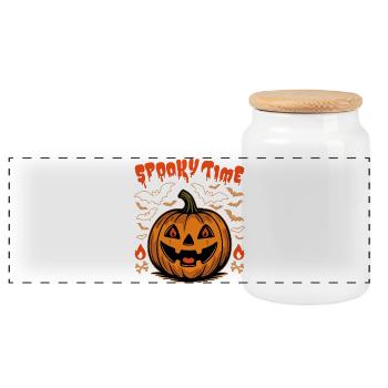 Spooky Time - Citrouille orange mignonne et chauves-souris - Boîte à biscuits avec couvercle en bois - blanc - Devant