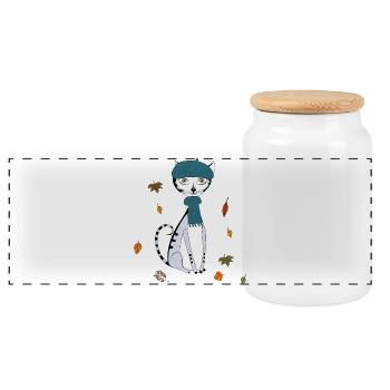 Chat en automne avec un bonnet en laine - Boîte à biscuits avec couvercle en bois - blanc - Devant