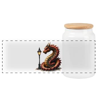 Steampunk Drache mit Laterne - Panorama Keksdose mit Holzdeckel - Weiß - Vorne