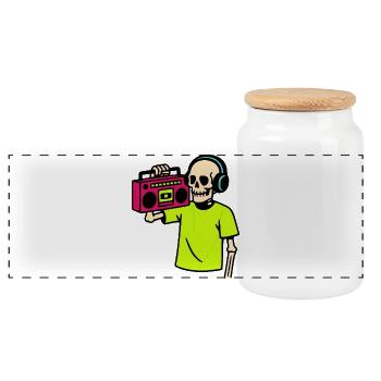 Neon Skelett mit Boombox – Retro Hip-Hop Vibes - Panorama Keksdose mit Holzdeckel - Weiß - Vorne