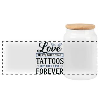 Love hurts more than tattoos – Tattoo & Spruch - Panoramic Cookie Jar with Wooden Lid - white - Front