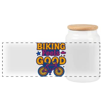 Biking Feels Good Vibrant Graphic - Panoramic Cookie Jar with Wooden Lid - white - Front