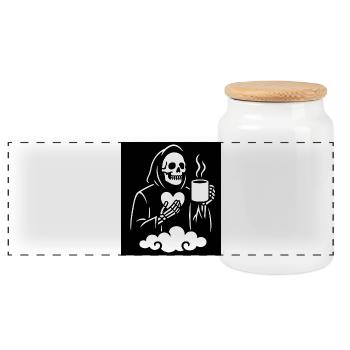 Sensenmann Kaffeetasse Design - Panorama Keksdose mit Holzdeckel - Weiß - Vorne