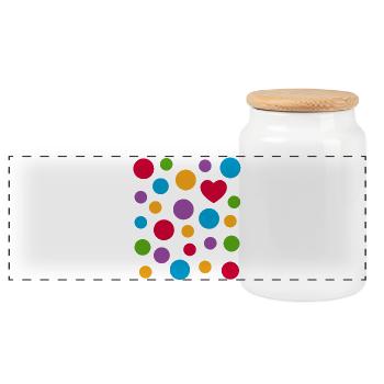 Spotty Dots Heart T-Shirt – Bunt gefleckte Liebe - Panorama Keksdose mit Holzdeckel - Weiß - Vorne