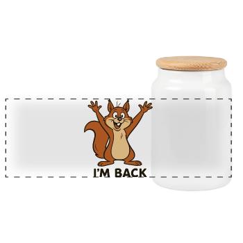 I'm Back - I'm Back with Squirrel Motif - Panoramic Cookie Jar with Wooden Lid - white - Front