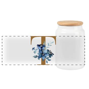 Blue Flower Monogram T - Panoramic Cookie Jar with Wooden Lid - white - Front