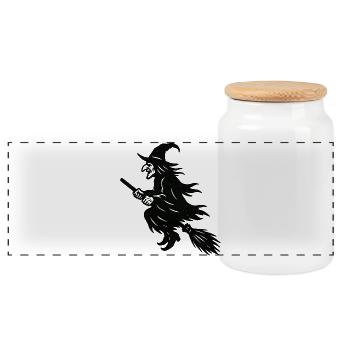 Halloween Witch on Broom Silhouette - Panoramic Cookie Jar with Wooden Lid - white - Front