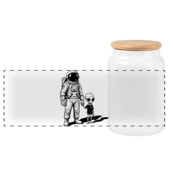 Astronaut und Außerirdischer Hand in Hand - Panorama Keksdose mit Holzdeckel - Weiß - Vorne