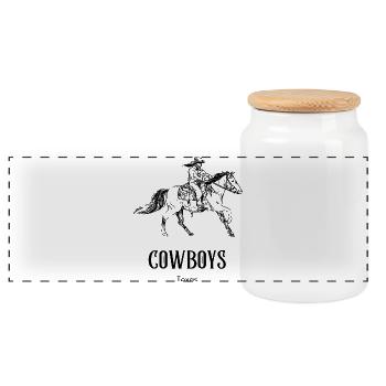 Cowboy, Horse, Western - Panoramic Cookie Jar with Wooden Lid - white - Front
