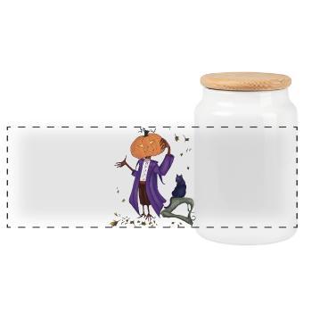 Dashing pumpkin in Purple Coat - Panoramic Cookie Jar with Wooden Lid - white - Front