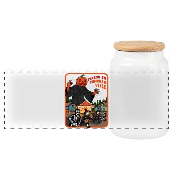 Terror in Pumpkinville - Panoramic Cookie Jar with Wooden Lid - white - Front