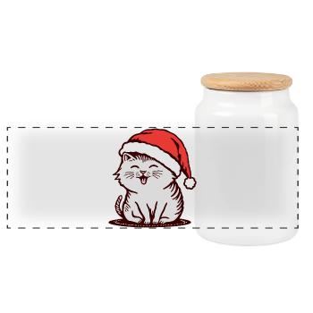 Chat au chapeau de Père Noël - Boîte à biscuits avec couvercle en bois - blanc - Devant